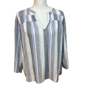 SPLENDID Linen Striped V-Neck Tunic Top Sz L White Boxy Summer Loose Fit Casual‎
